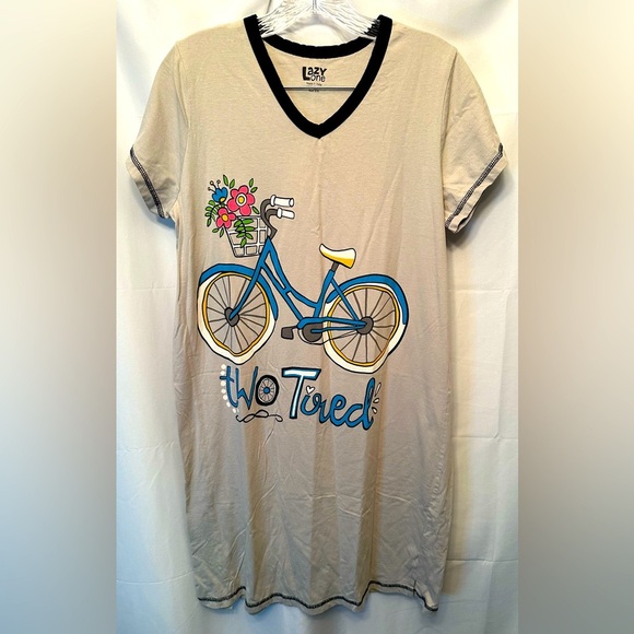 Lazy One Two Tired Women'sBicycle V-Neck Nightshirt Light Gray Pajamas Size S/M - Picture 1 of 9